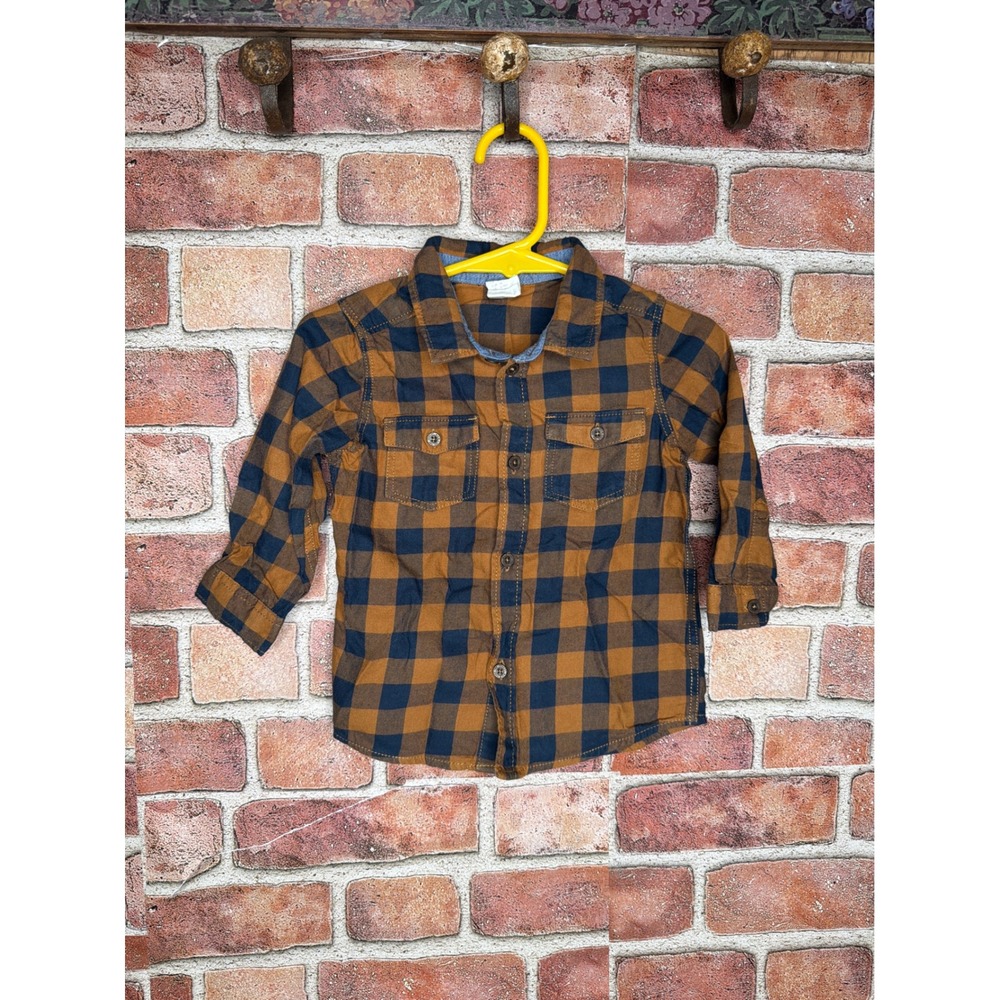 H&M Baby Boy Brown Navy Blue Buffalo Plaid Button Down Shirt 6-9M Long Sleeve